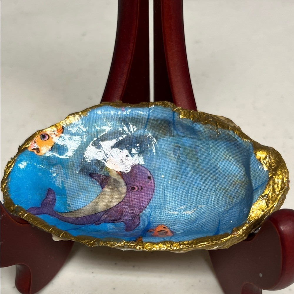 Hand Painted Dolphin Shell Trinket Dish | Coastal Beach Decor | Gold Accents